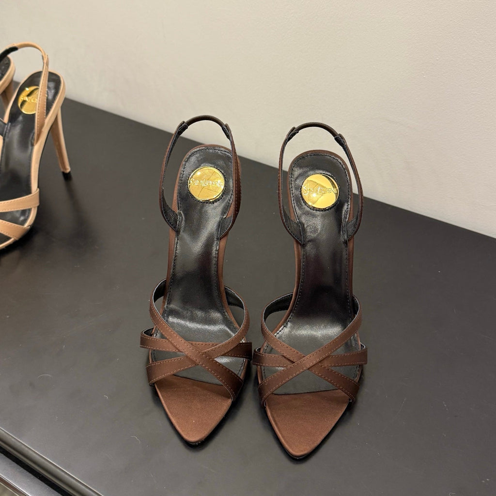 YSL 26S HIGH-HEELED SANDALS 105 MM IN DARK BROWN SATIN