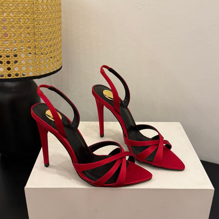 YSL 26S HIGH-HEELED SANDALS 105 MM IN RED SATIN