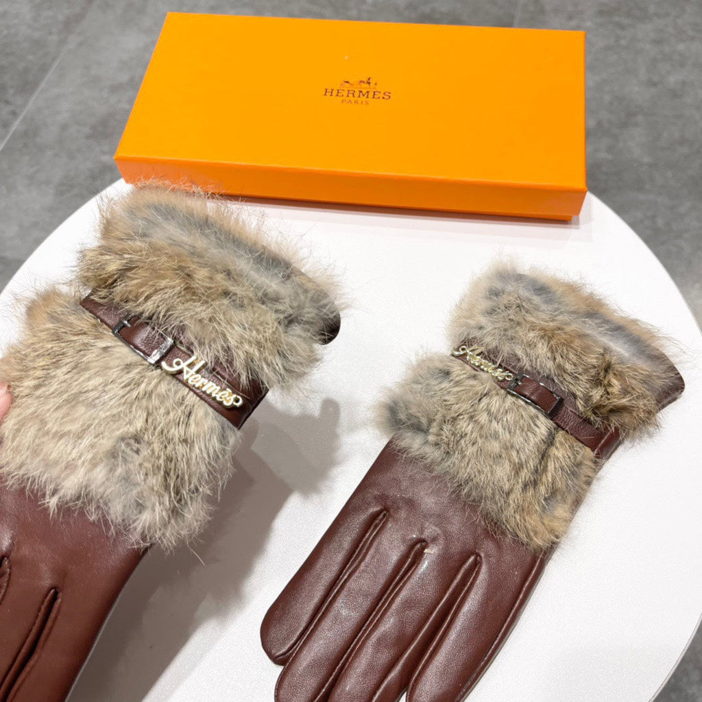 TOUCHSCREEN GLOVES IN CHESTNUT BROWN LAMBSKIN MIX FOX FUR 103797