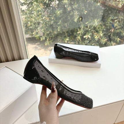 CRYSTAL STUDDED MARLOUGIELA STRASS BALLERINAS IN BLACK CALFSKIN
