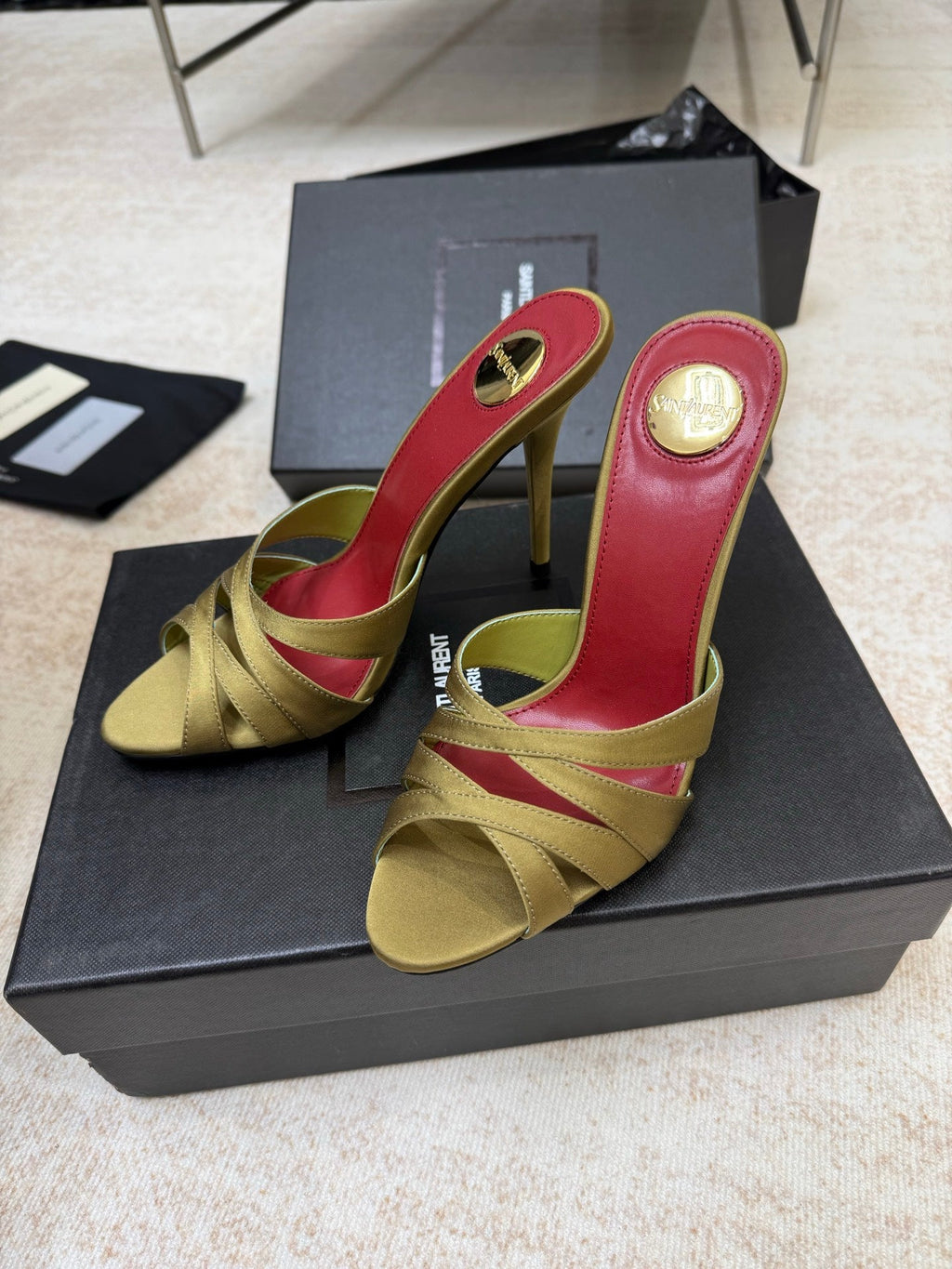 YSL 26S HEELED SANDALS 105 MM IN OLIVE GREEN SATIN