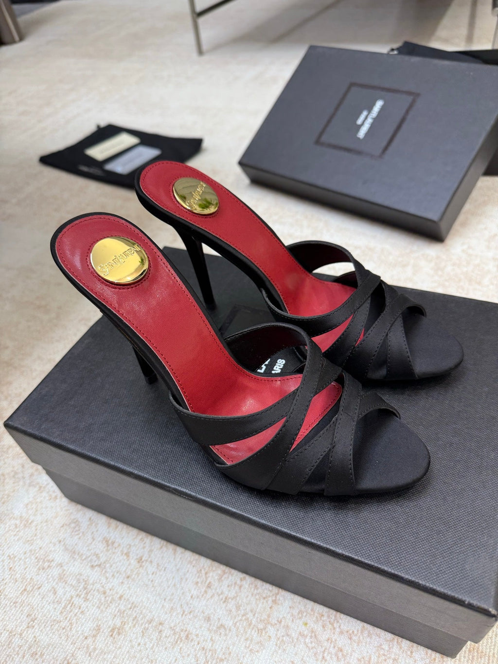 YSL 26S HEELED SANDALS 105 MM IN BLACK SATIN