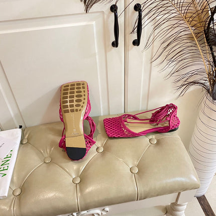STRETCH LACE-UP FLAT SANDAL IN BRIGHT PINK METALLIZED MESH AND LEATHER