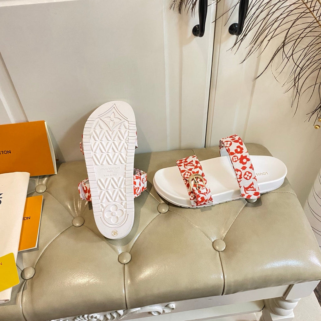 LV 26S DOUBLE-STRAP PILLOW MULES IN WHITE AND ORANGE CANVAS