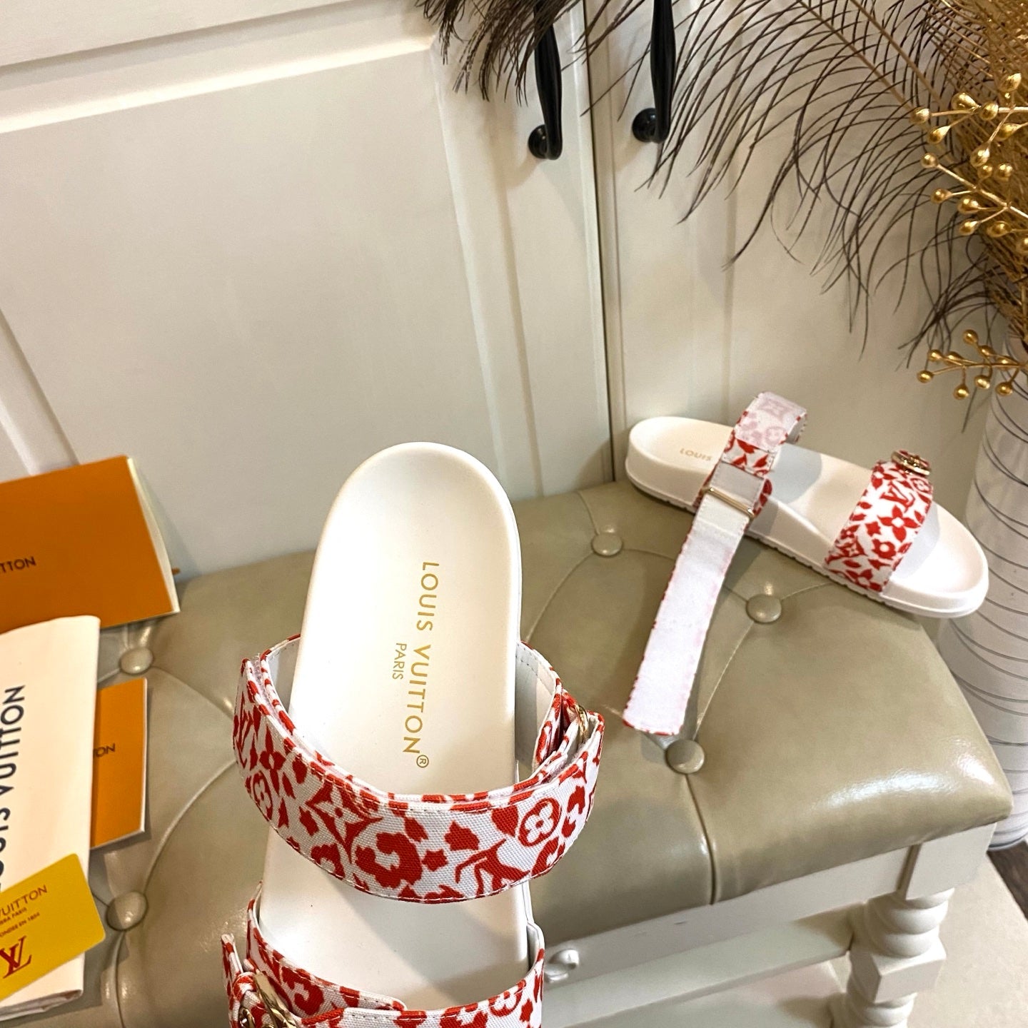 LV 26S DOUBLE-STRAP PILLOW MULES IN WHITE AND ORANGE CANVAS