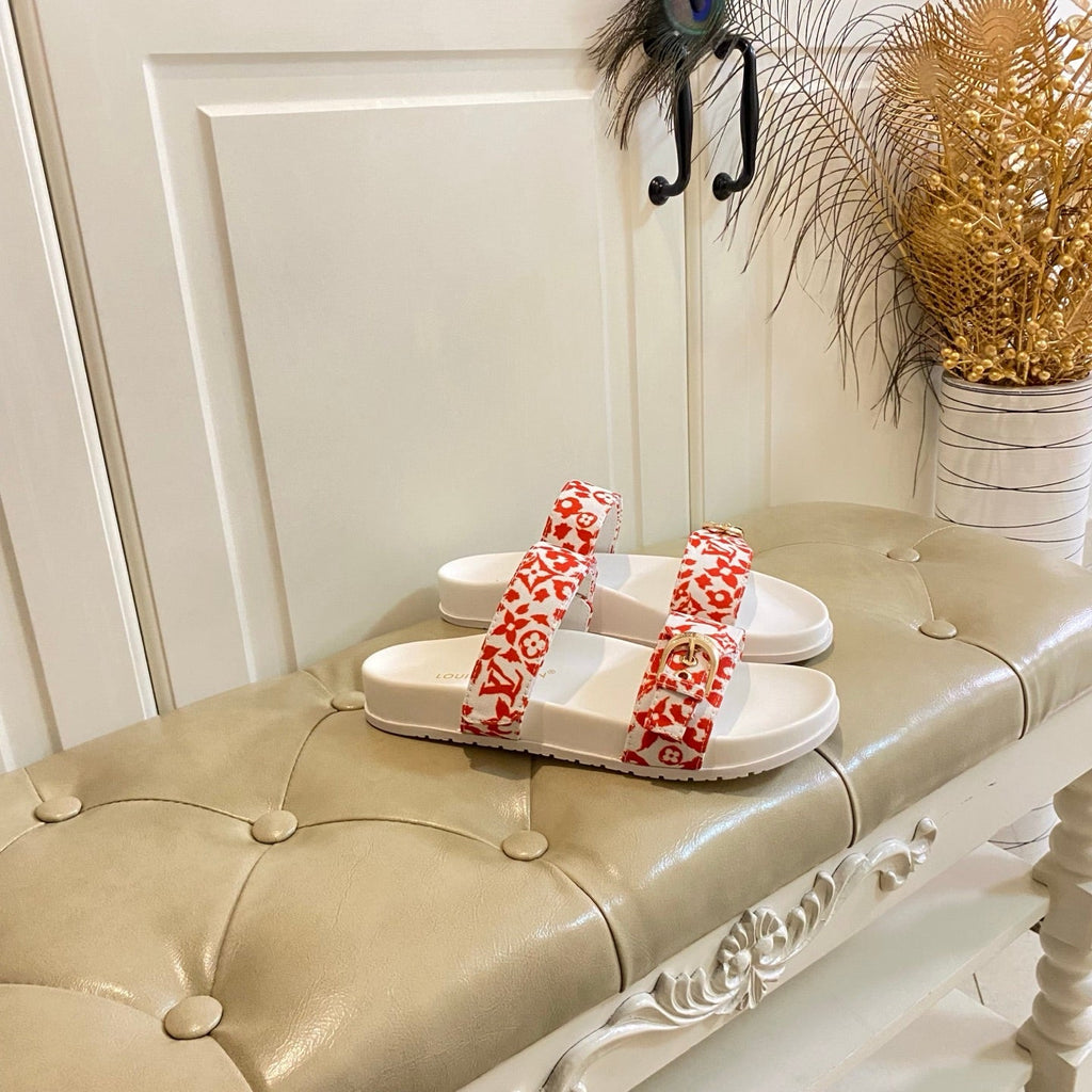 LV 26S DOUBLE-STRAP PILLOW MULES IN WHITE AND ORANGE CANVAS