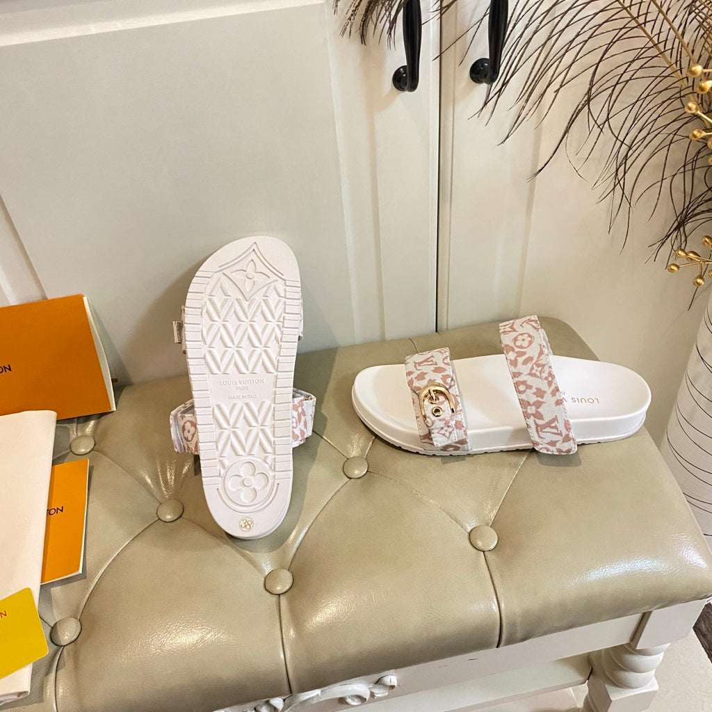 LV 26S DOUBLE-STRAP PILLOW MULES IN WHITE AND DUSTY ROSE CANVAS