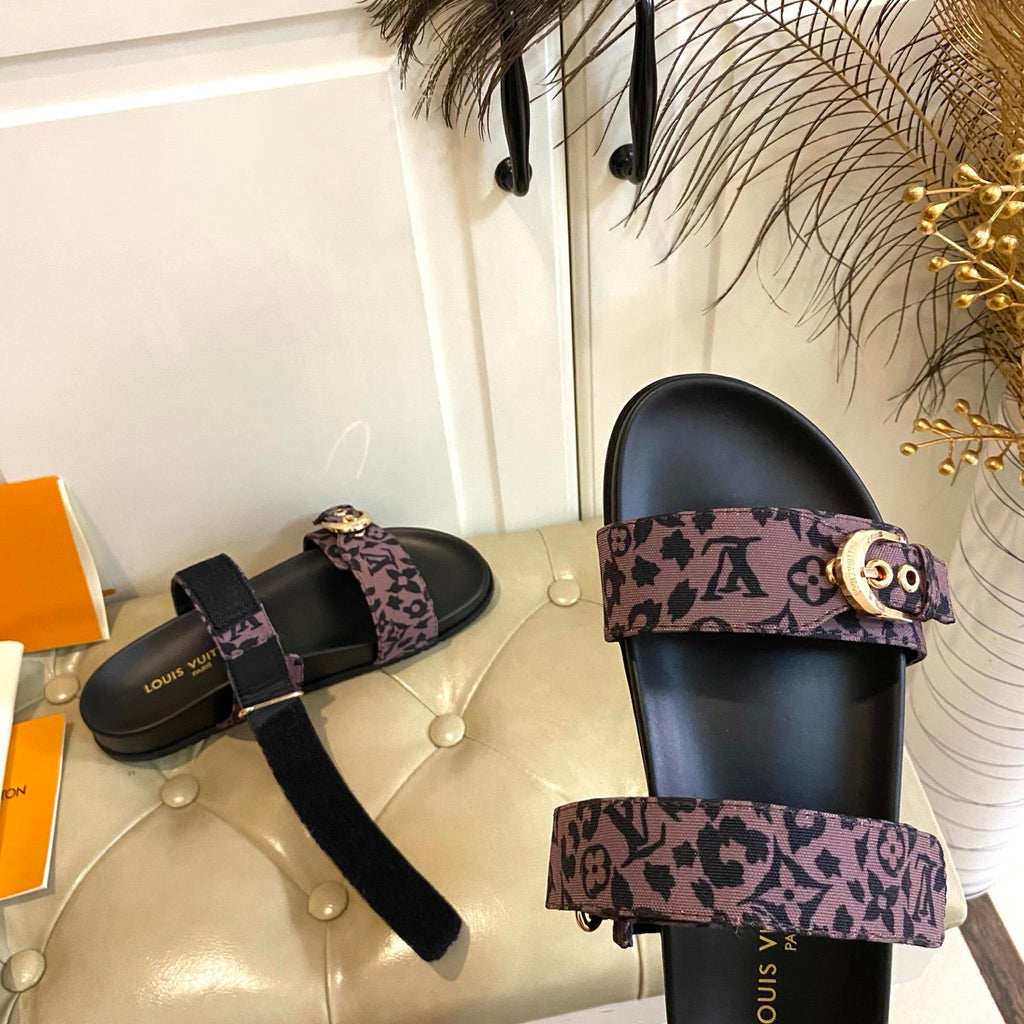LV 26S DOUBLE-STRAP PILLOW MULES IN DARK PURPLE CANVAS