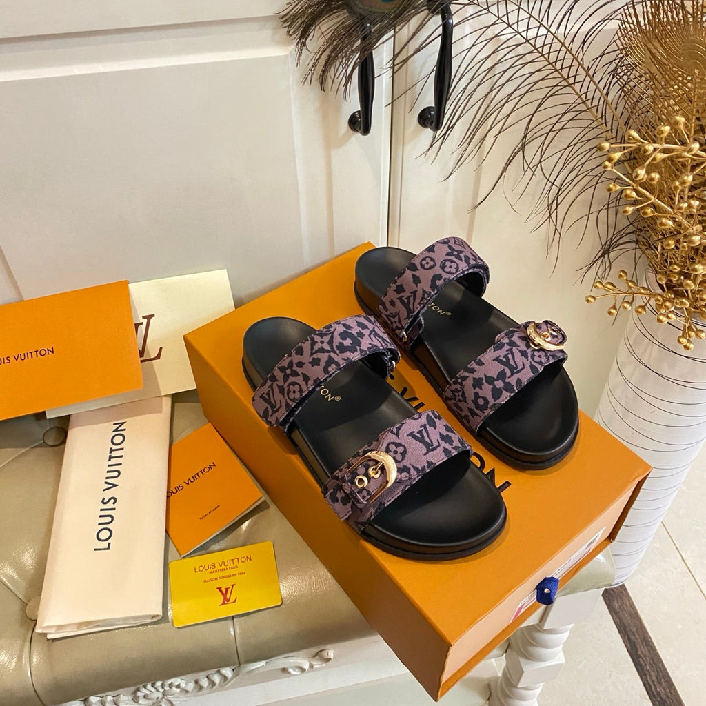 LV 26S DOUBLE-STRAP PILLOW MULES IN DARK PURPLE CANVAS