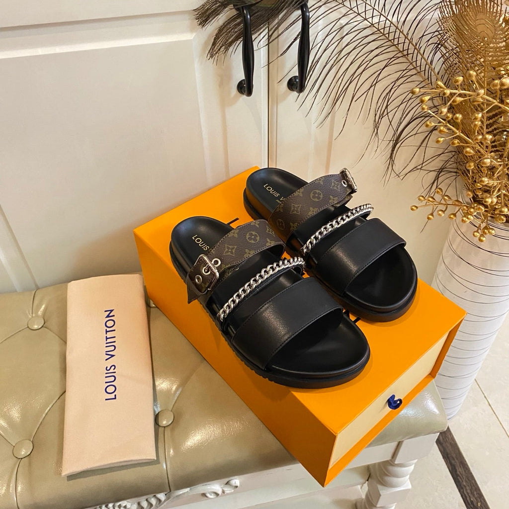 LV 26S STRAP SLIDES IN DARK BROWN CALFSKIN AND CANVAS