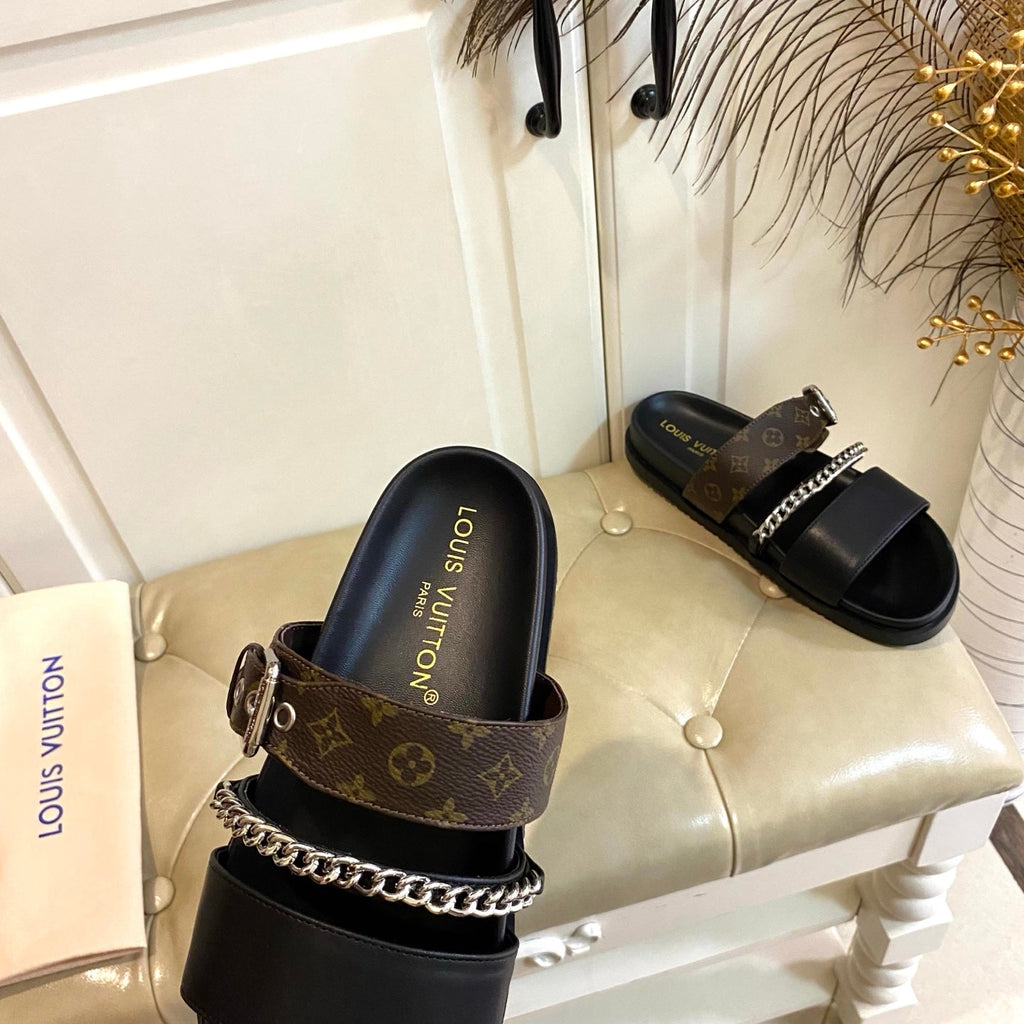 LV 26S STRAP SLIDES IN DARK BROWN CALFSKIN AND CANVAS