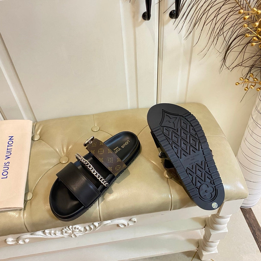 LV 26S STRAP SLIDES IN DARK BROWN CALFSKIN AND CANVAS
