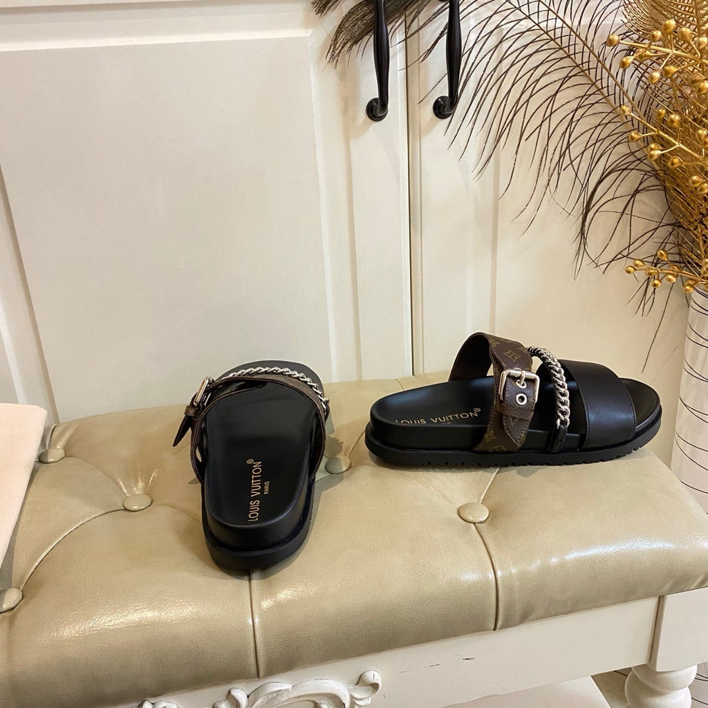 LV 26S STRAP SLIDES IN DARK BROWN CALFSKIN AND CANVAS