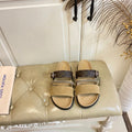 LV 26S STRAP SLIDES IN BROWN SUEDE AND CANVAS