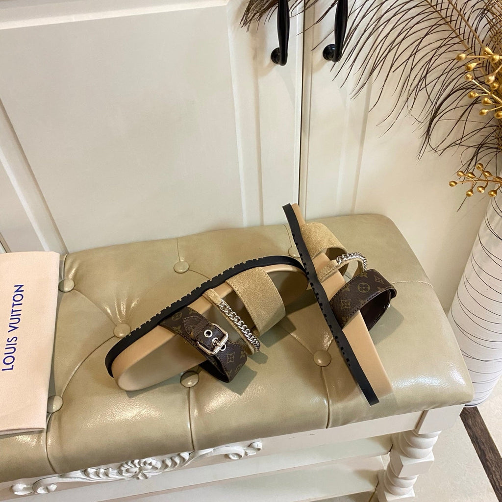 LV 26S STRAP SLIDES IN BROWN SUEDE AND CANVAS