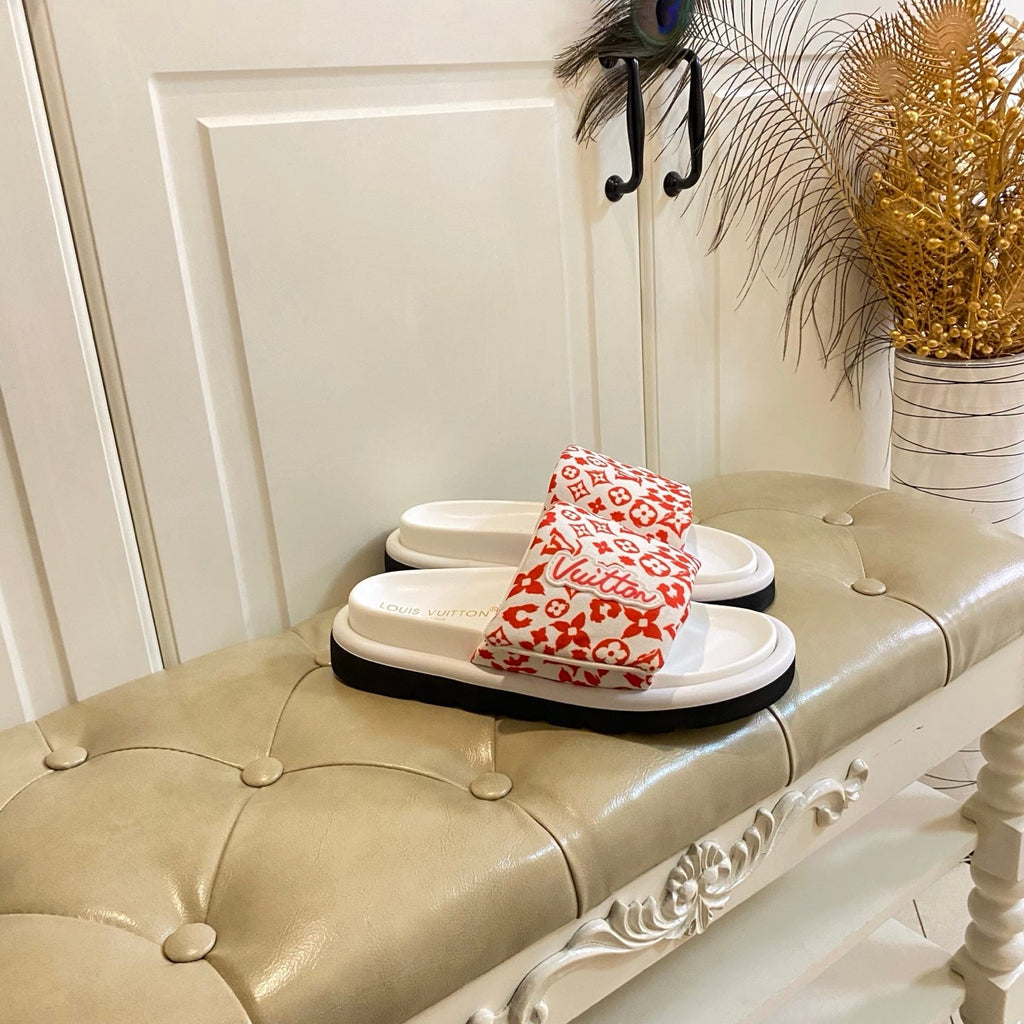 LV 26S PILLOW COMFORT MULES IN WHITE AND ORANGE CANVAS