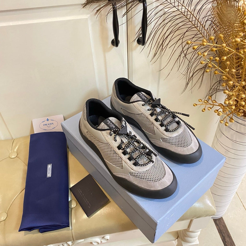 PRADA 26S LACE UP SNEAKERS CHUNKY SOLE IN GREY TECH FABRIC AND MESH