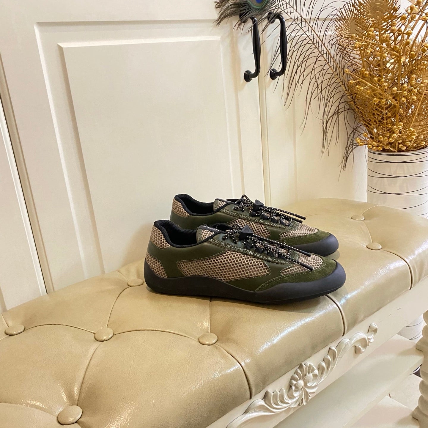 PRADA 26S LACE UP SNEAKERS CHUNKY SOLE IN OLIVE GREEN TECH FABRIC AND MESH