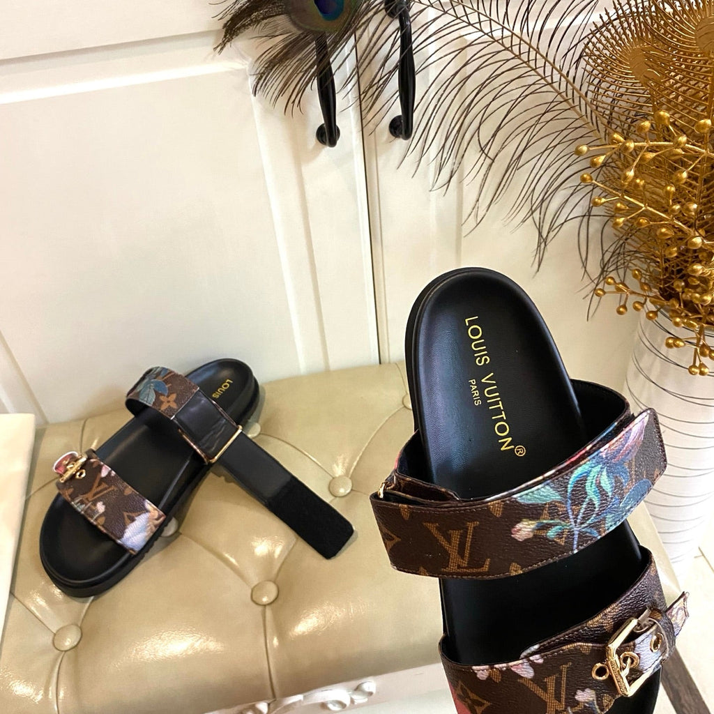 LV 26S TWO-STRAP SANDALS IN DARK BROWN MONOGRAM CANVAS WITH FLORAL PRINT