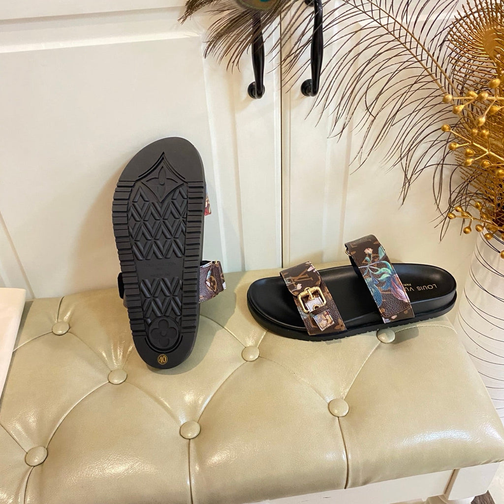 LV 26S TWO-STRAP SANDALS IN DARK BROWN MONOGRAM CANVAS WITH FLORAL PRINT