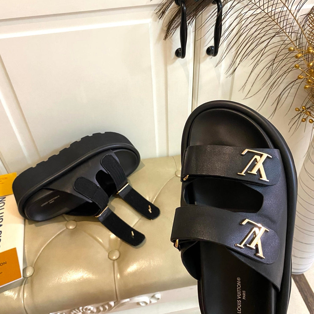 LV 26S WEDGE SLIDES 45 MM IN BLACK CALFSKIN