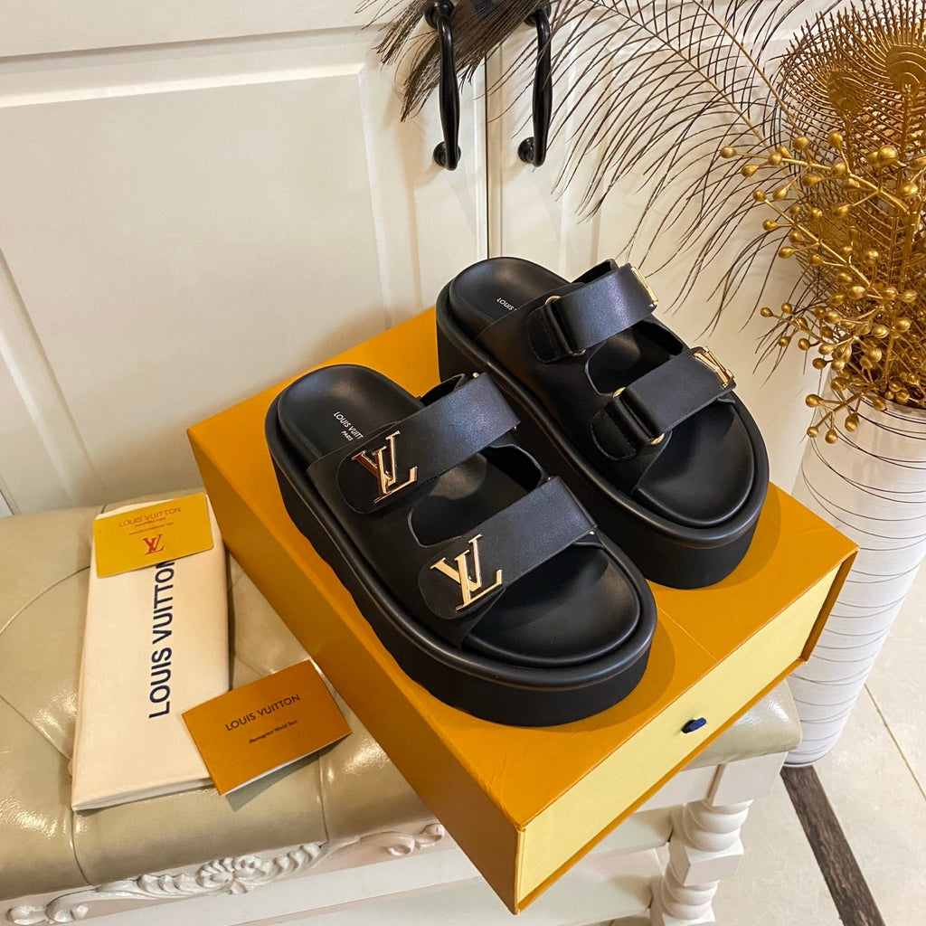 LV 26S WEDGE SLIDES 45 MM IN BLACK CALFSKIN