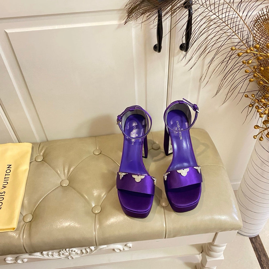 LV 26S HIGH-HEELED SANDALS 110 MM IN DARK PURPLE SATIN AND CALFSKIN