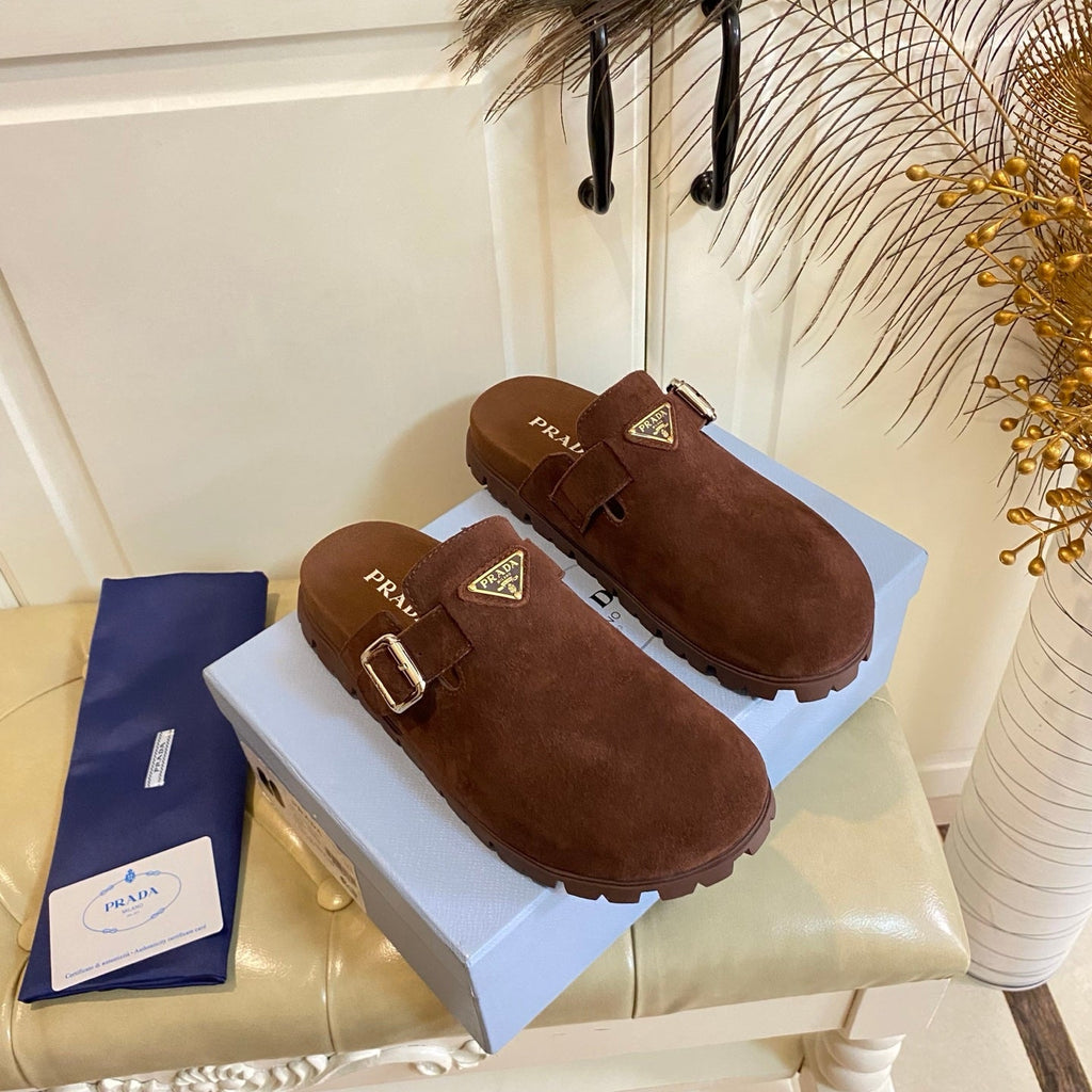 PRADA 26S BUCKLE CLOG SANDALS CHUNKY SOLE IN DARK BROWN SUEDE