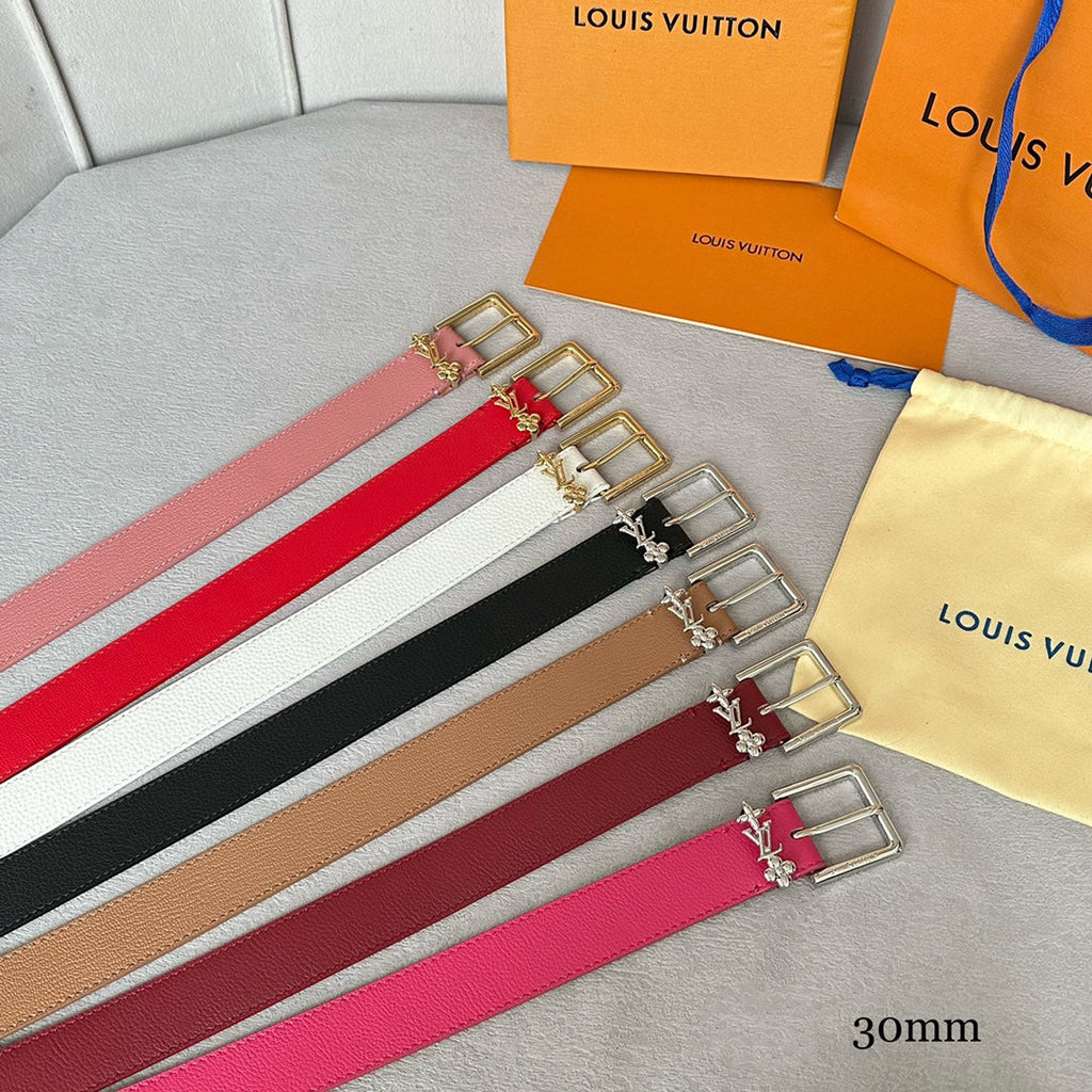 LV Bloom 30mm Belt Gold Buckle White Brown Leather