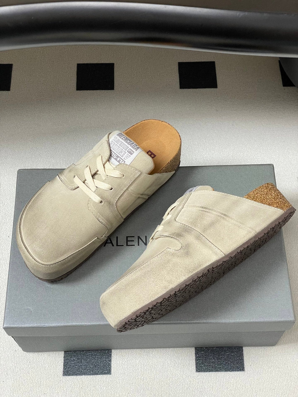 BALENCIAGA 25S MULES BIRKENSTOCK IN CREAM BEIGE SUEDE