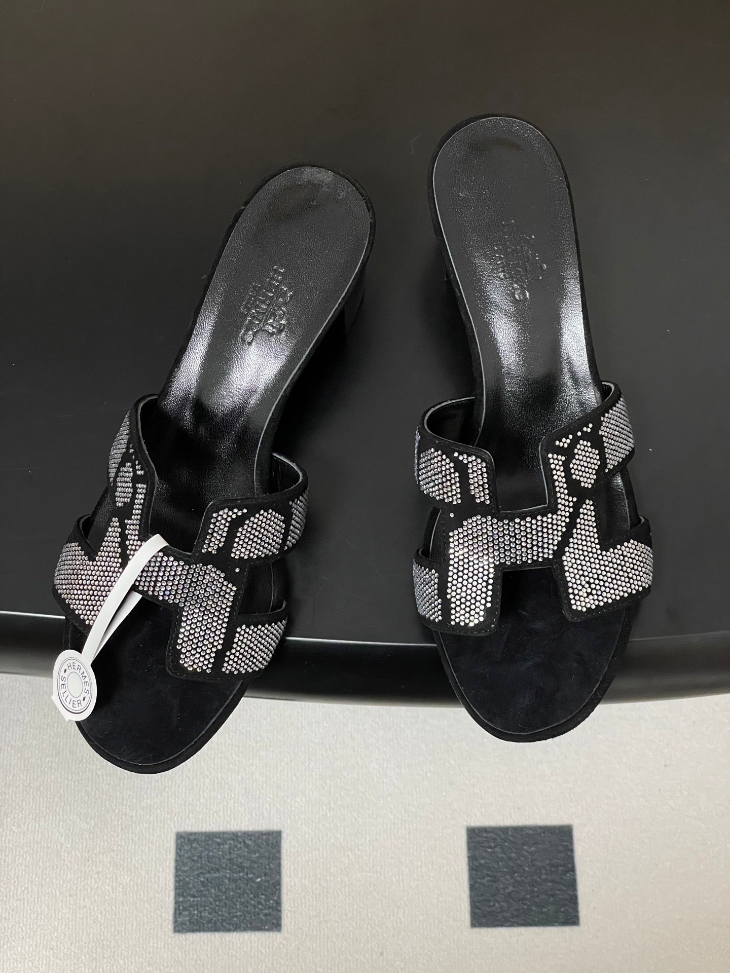 HM 25S ORAN HIGH‑HEEL SANDAL 50 MM IN BLACK LAMBSKIN WITH WHITE STONE DETAILS