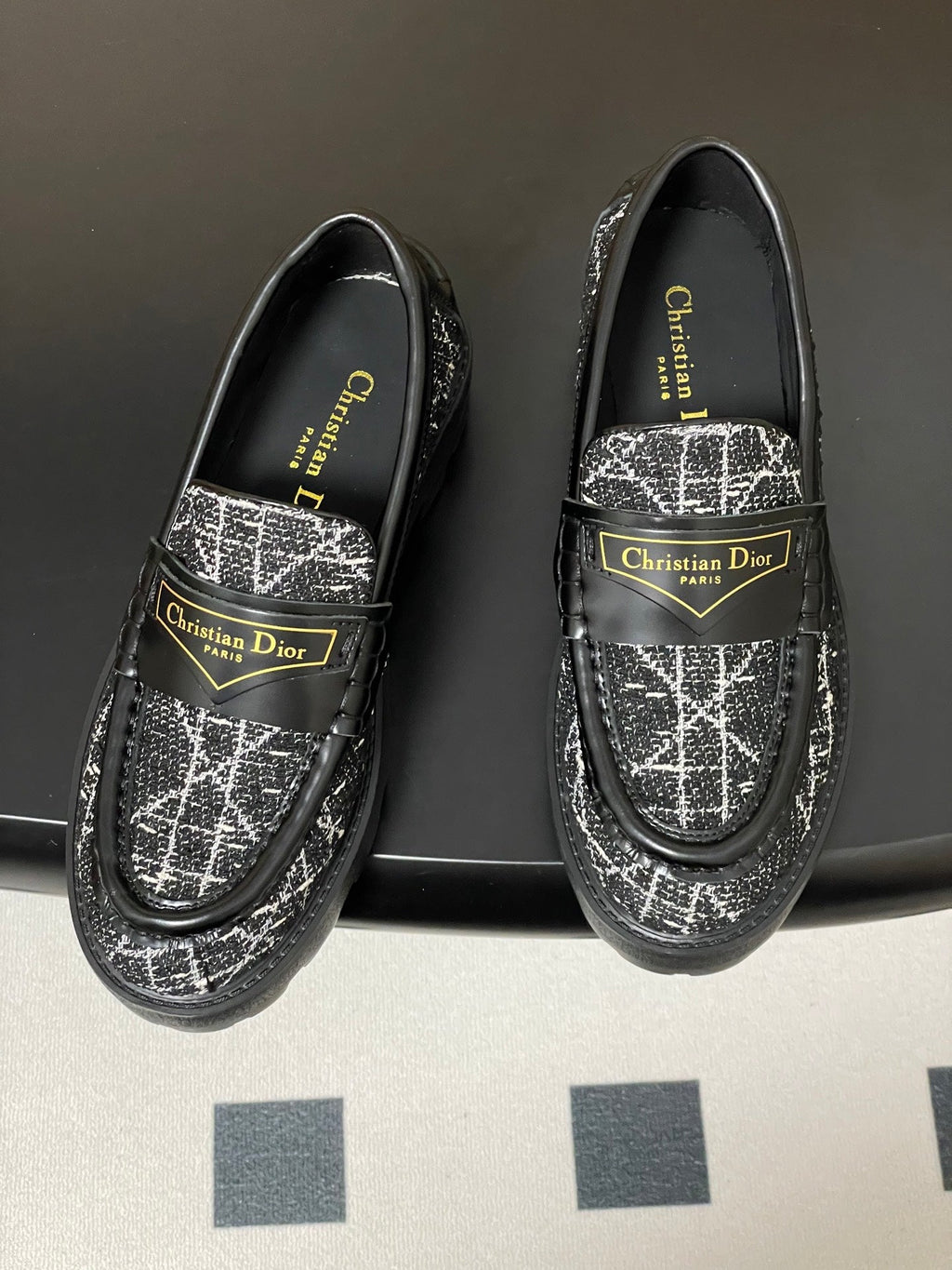 DIOR 25S BOY PLATFORM LOAFERS IN BLACK MIX WHITE TWEED AND LAMBSKIN