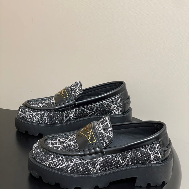 DIOR 25S BOY PLATFORM LOAFERS IN BLACK MIX WHITE TWEED AND LAMBSKIN