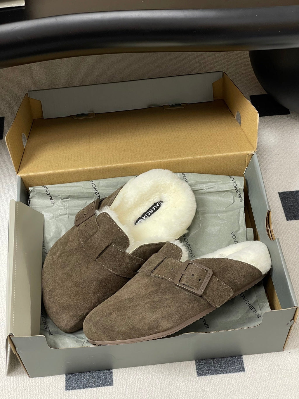BALENCIAGA 25S FUR-LINED MULES IN DARK EARTH BROWN FAUX LEATHER