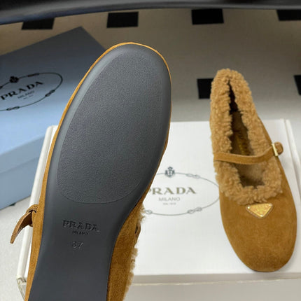 PRADA 25S MARY JANE FLATS IN DARK WALNUT BROWN SUEDE WITH GOLD HARDWARE