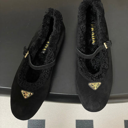 PRADA 25S MARY JANE FLATS IN BLACK SUEDE WITH GOLD HARDWARE