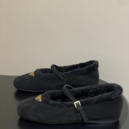 PRADA 25S MARY JANE FLATS IN BLACK SUEDE WITH GOLD HARDWARE