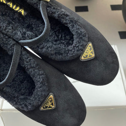PRADA 25S MARY JANE FLATS IN BLACK SUEDE WITH GOLD HARDWARE