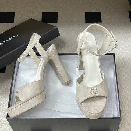 CHANEL 26S HIGH HEEL SANDALS 120 MM IN CREAM BEIGE SUEDE