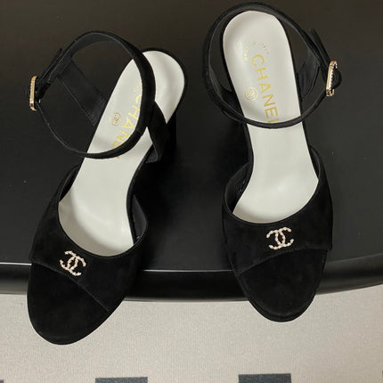 CHANEL 26S HIGH HEEL SANDALS 120 MM IN BLACK SUEDE