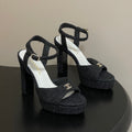 CHANEL 26S HIGH HEEL SANDALS 120 MM IN BLACK TWEED
