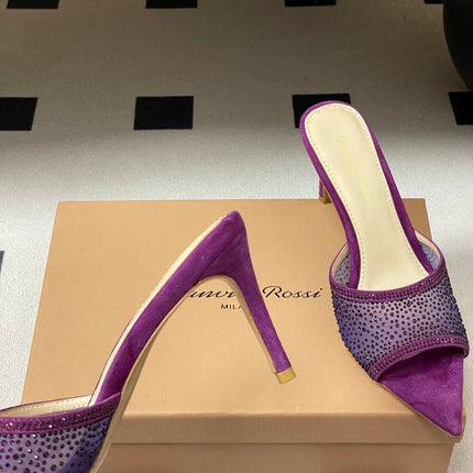 GIANVITO ROSSI 26S HIGH HEELS 85 MM IN PURPLE SUEDE WITH RHINESTONE STRAP