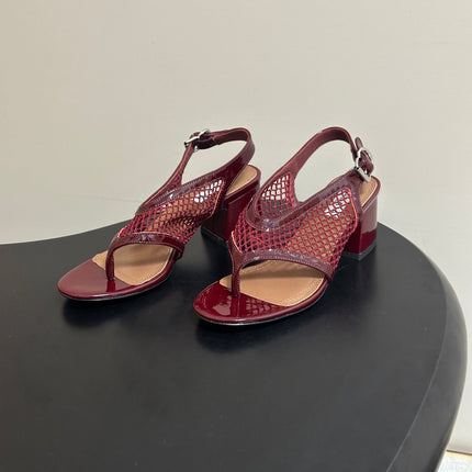 ALAIA 26S MESH THONG HEELS 55 MM IN BURGUNDY PATENT CALFSKIN