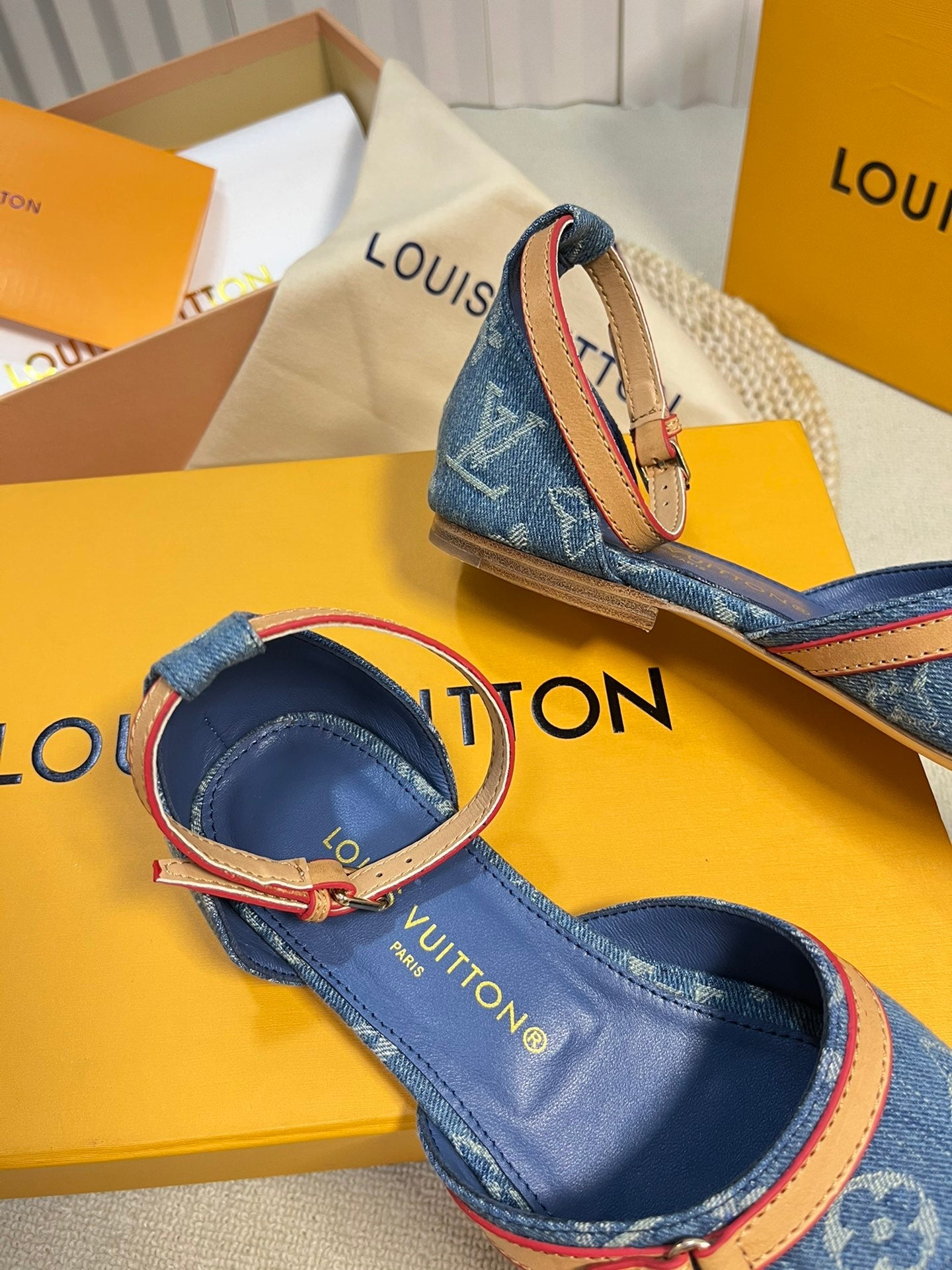 LV 26S ANKLE STRAP FLATS IN BLUE MONOGRAM DENIM