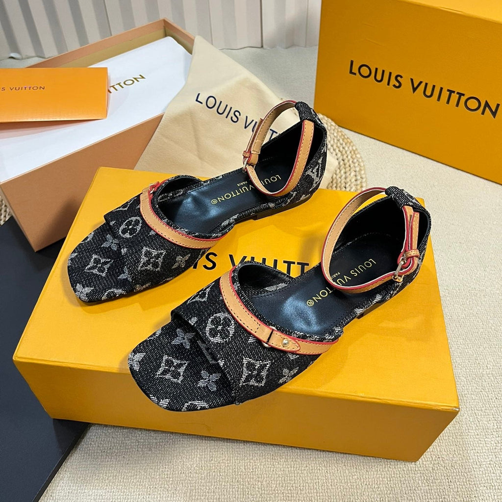 LV 26S ANKLE STRAP FLATS IN BLACK MONOGRAM DENIM
