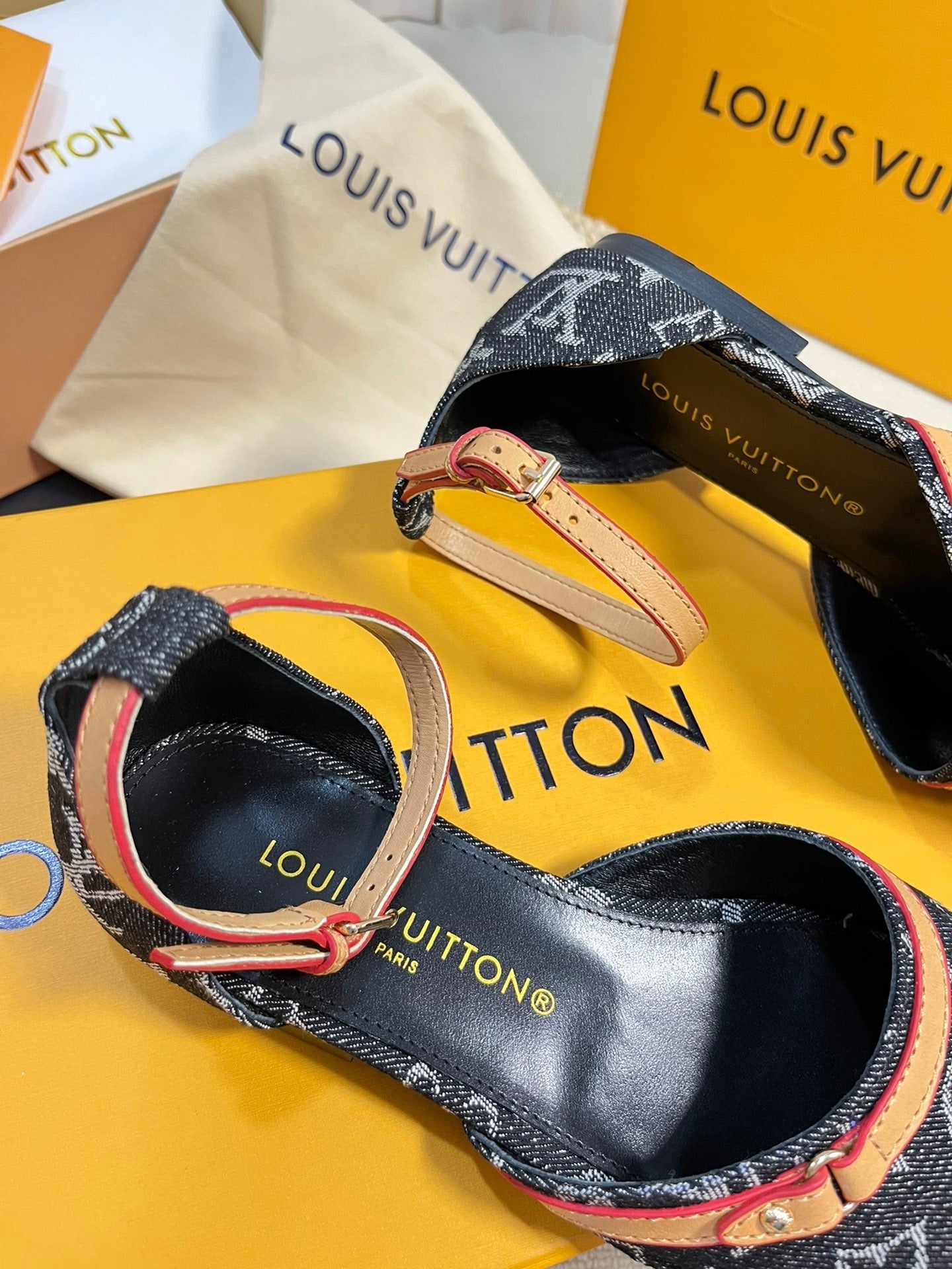 LV 26S ANKLE STRAP FLATS IN BLACK MONOGRAM DENIM