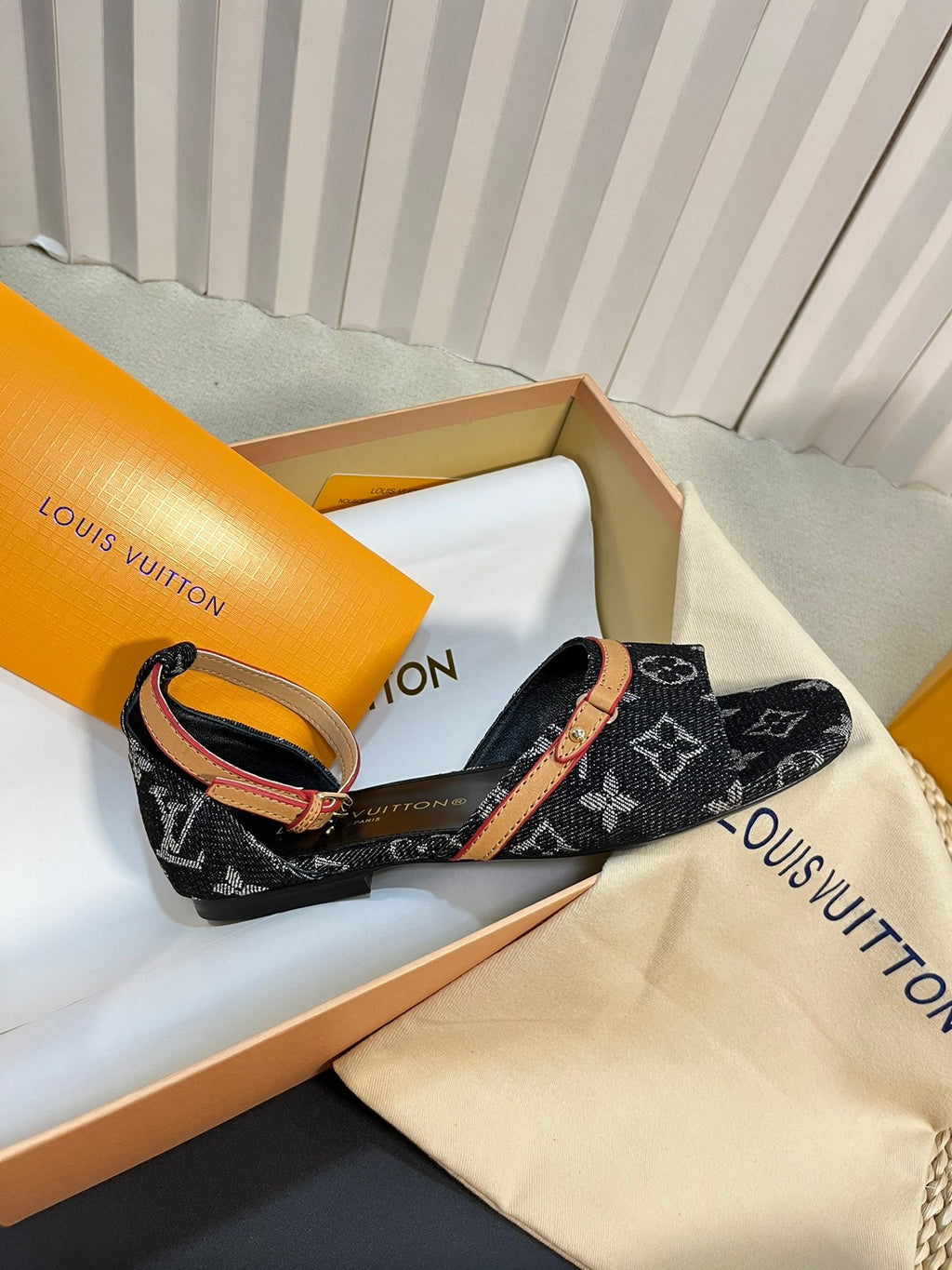 LV 26S ANKLE STRAP FLATS IN BLACK MONOGRAM DENIM