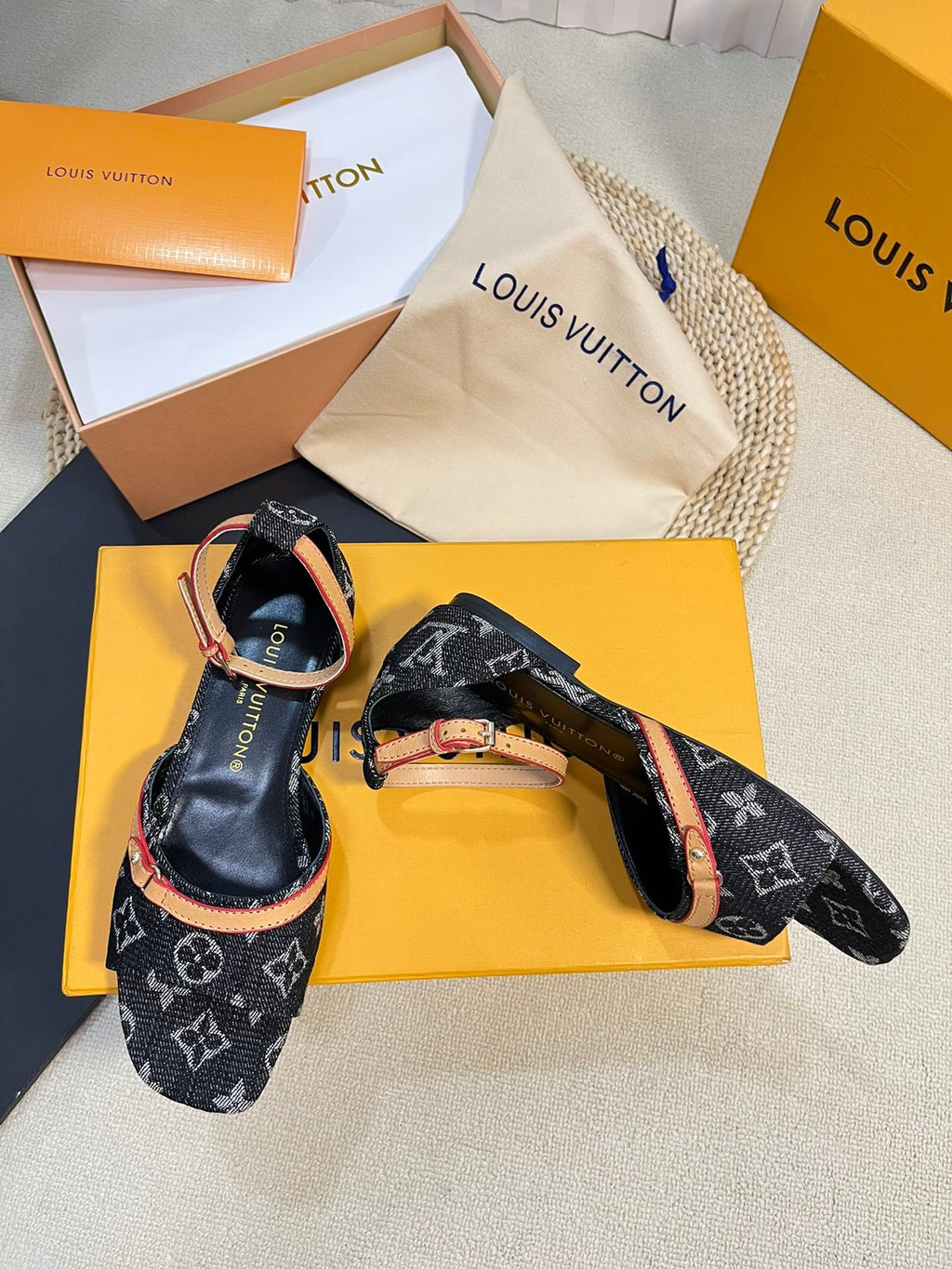 LV 26S ANKLE STRAP FLATS IN BLACK MONOGRAM DENIM