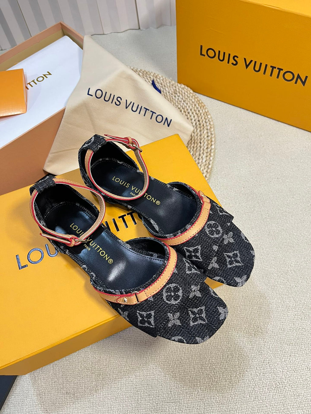 LV 26S ANKLE STRAP FLATS IN BLACK MONOGRAM DENIM