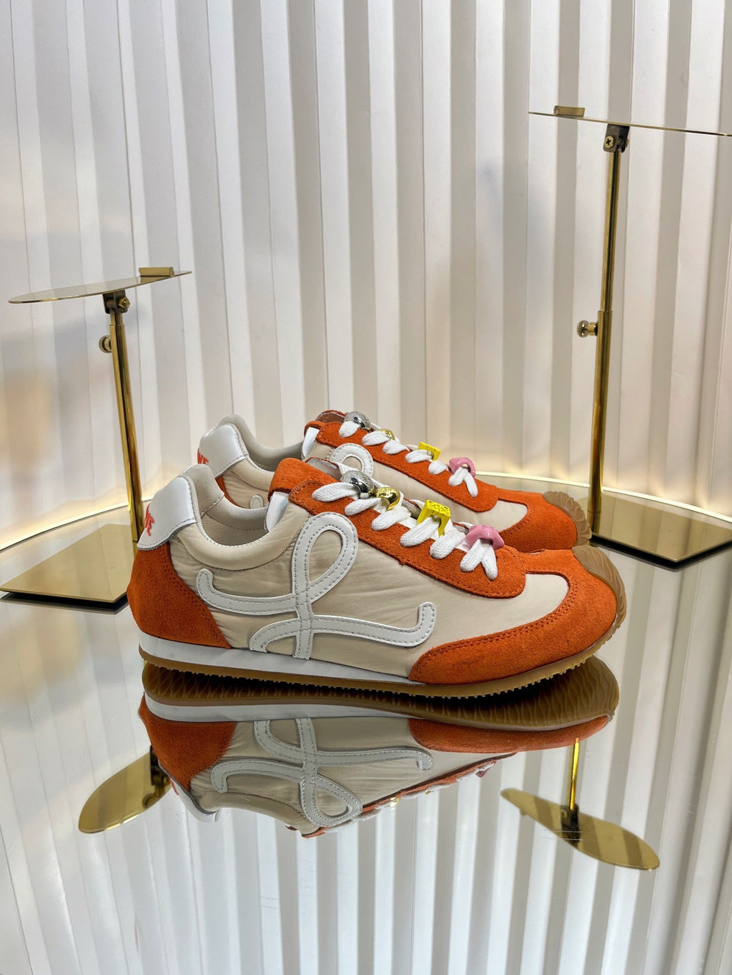 LOEWE 26S RUNNER 2.0 SNEAKERS IN ORANGE SUEDE AND BEIGE FABRIC